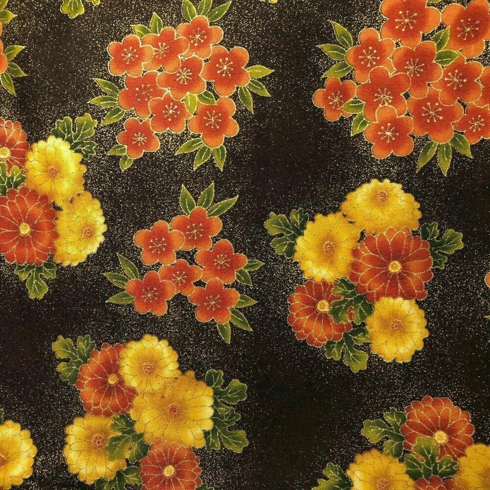 3 1/3 yards Gilded Asian Floral 100% Cotton Fabric Quilt Brown, Gold, Rust #B22